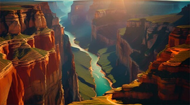 Aerial shot captures the majestic beauty of the Grand Canyon's rocky terrain, showcasing its vast desert valley, flowing river and cliff