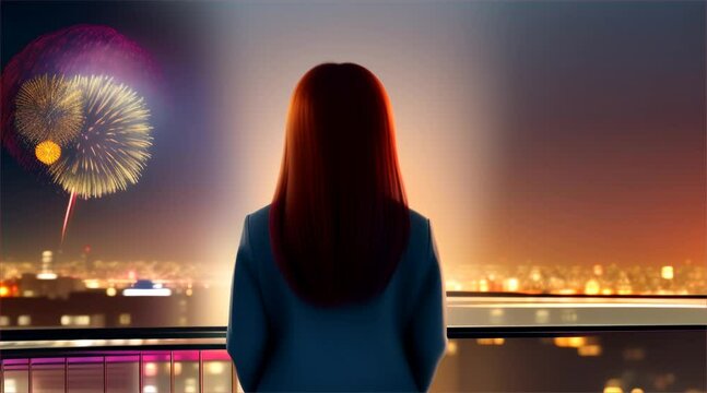 Young woman looks at fireworks through the window of a skyscraper at night