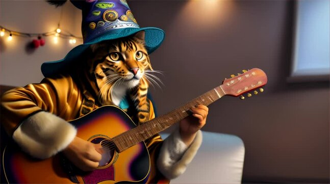 Rocking cat musician plays electric guitar on stage, cute imaginary animal concept
