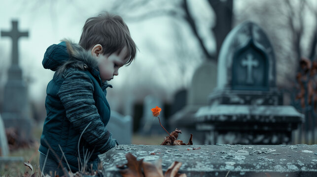 A little boy sits in front of a grave in a cemetery. The concept of loss of a loved one, parent, orphanhood.
