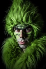 Man in green furry costume with green and white makeup
