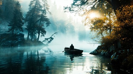  A solitary figure rows a boat on a mist-covered lake, surrounded by autumnal trees and the soft glow of sunrise. - obrazy, fototapety, plakaty