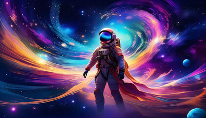 A digital anime astronaut floating in a colorful astral nebula with glowing background