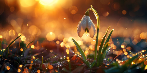 Snowdrops flowers in the snow in garden or forest. First wild flower in sunlight. Spring concept....