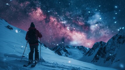 Skier under cosmic sky in mountainous terrain