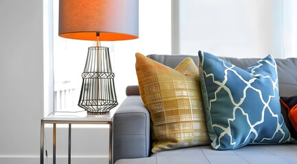 Interior design with couch, colorful cushions and lamp on end table