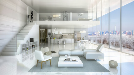 Contemporary Living Room with Modern Sofa, Chic Table, and Stylish Kitchen Area in Open Space Design