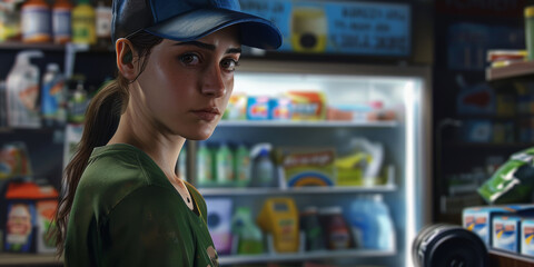 a young female wearing a blue baseball cap in supermarket, generative AI