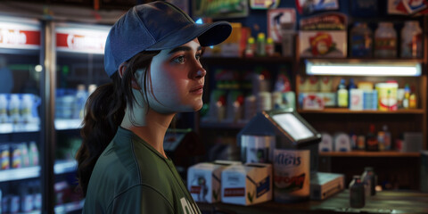 Obraz premium a young female wearing a blue baseball cap in supermarket, generative AI