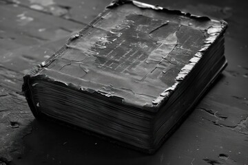 Old book on black wooden table. Black and white. Toned.