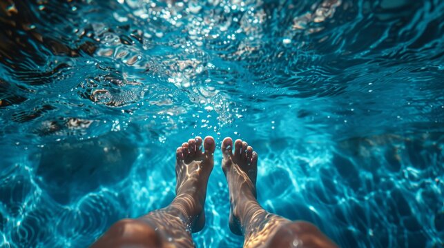 First-person view of feet above clear pool water