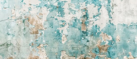 Close up of a weathered azure wall with peeling paint, showcasing a beautiful pattern of blue and white. A stunning art piece in the city