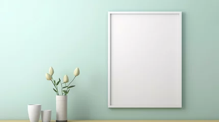 Plexiglas foto achterwand mockup poster white blank frame close up on wall painted pastel green © Aura