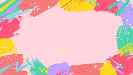 カラフルなペンキで塗られたポップな春色ピンク系フレーム背景　ワイド