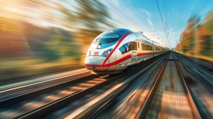 High speed train on railway, sunset light. Generative AI. - obrazy, fototapety, plakaty