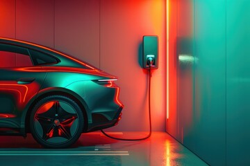 image shows a car charging with a sensor in the wall. Generative AI.