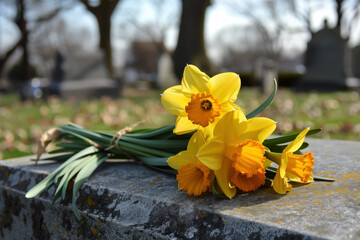 A bunch of yellow daffodils placed on a stone grave of someone who passed away, died of cancer. Representing international daffodil day, anti cancer council society. 