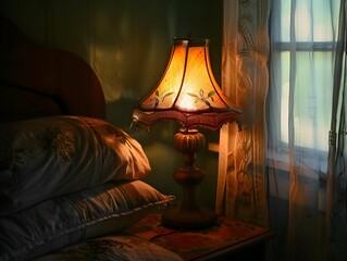 Bedside lamp turned on gentle glow