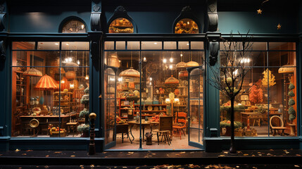 A delightful storefront window entices with its whimsical showcase, welcoming onlookers into a realm of curated delights and captivating tales conveyed through thoughtfully arranged treasures
