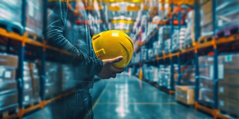 Concept of Business Logistics In order to ensure worker security with modern trade warehouse logistics, an engineer or worker should wear a yellow helmet twice.