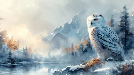 Fotobehang snowy owl bird watercolor © feydesign