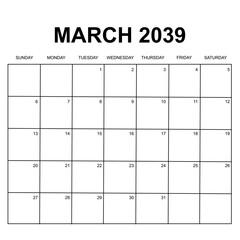 march 2039. monthly calendar design. week starts on sunday. printable, simple, and clean vector design isolated on white background.