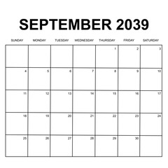 september 2039. monthly calendar design. week starts on sunday. printable, simple, and clean vector design isolated on white background. - obrazy, fototapety, plakaty