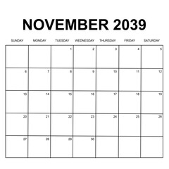 november 2039. monthly calendar design. week starts on sunday. printable, simple, and clean vector design isolated on white background.