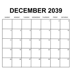 december 2039. monthly calendar design. week starts on sunday. printable, simple, and clean vector design isolated on white background. - obrazy, fototapety, plakaty