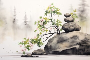 Immerse yourself in the meditative beauty of a sumi-e painting background, showcasing stone lanterns, and contemplative, Generative AI