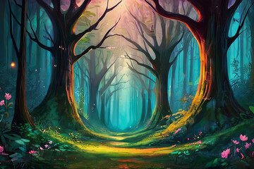 Surreal fantasy land. Large enchanted forest, magical fairy tale scenery. Abstract digital painting.  - obrazy, fototapety, plakaty