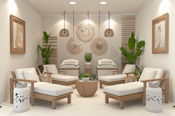 Serene reflexology room with comfortable recliners, soothing foot baths, and tranquil decor, offering reflexology treatments for relaxation and stress relief, on isolated white background, Generative 