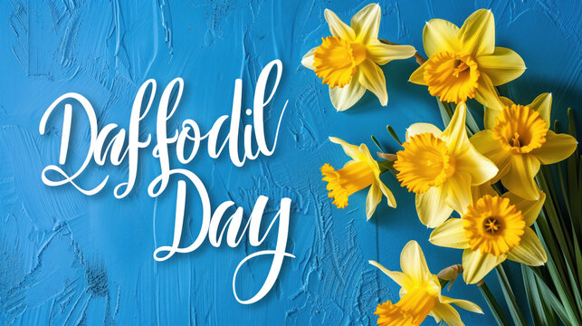 A bunch of yellow daffodils against a blue background which reads Daffodil Day, suitable for a header. Representing anti cancer council society. 
