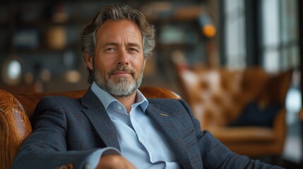 Fototapeta premium Portrait of a business man sitting in an office. Work gonna better. Successful business man choose a plan. Work concept. Office concept. Success concept. Man concept. Portrait concept.