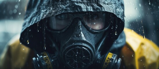 A close up shot of a figure in a gas mask and raincoat. The helmet and personal protective equipment create a science fiction look against the darkness, with an electric blue hue - obrazy, fototapety, plakaty
