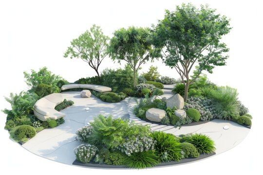 Tranquil meditation garden with lush greenery, winding paths, and peaceful seating areas, providing a serene outdoor space for reflection and contemplation, on isolated white background, Generative AI