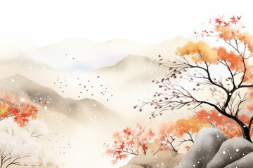 Immerse yourself in the poetic beauty of a sumi-e painting background, showcasing, elements such as autumn leaves, Generative AI