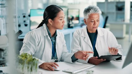 Teamwork, tablet and laboratory for planning online with mentor plant research or feedback. Internet, analysis and collaboration for botany or ecology innovation and science development with analysis