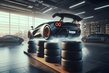 stack of tires in a car showroom with other cars - obrazy, fototapety, plakaty