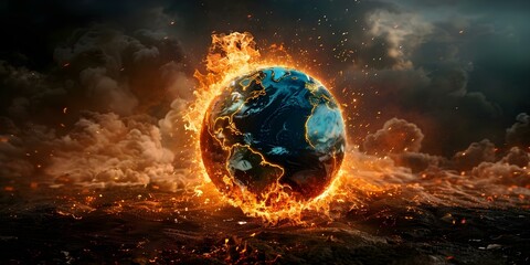 Global Warming Crisis: The Burning Globe Represents Planetary Devastation. Concept Climate Change, Environmental Destruction, Renewable Energy, Sustainability Efforts, Conservation Efforts - obrazy, fototapety, plakaty
