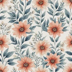 Deurstickers Seamless floral pattern with red-orange flowers and green-blue leaves, Nature illustration in vintage watercolor style on a white background. © AtidChalermsong