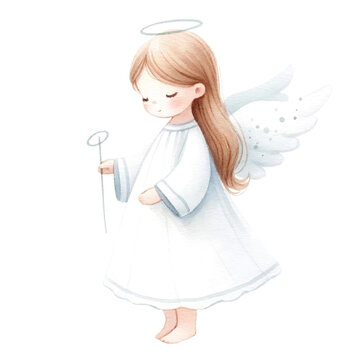 Angel with Wings Holding Flowers Watercolor
