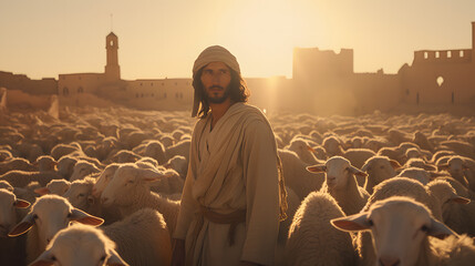 a cinematic scene of the muslim man leading sheeps to be shielding them - obrazy, fototapety, plakaty