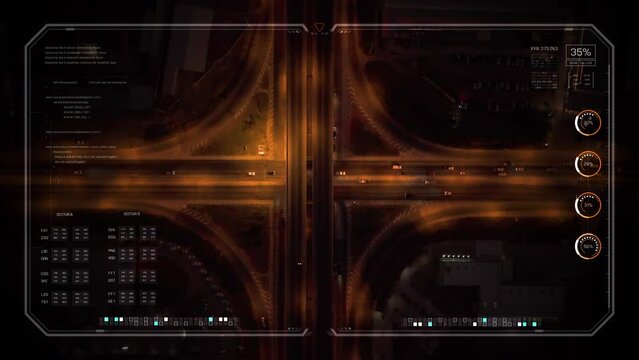 Video overlay Futuristic HUD Drone footage scenic landscape of the traffic at bridge over the intersection in the rural place 