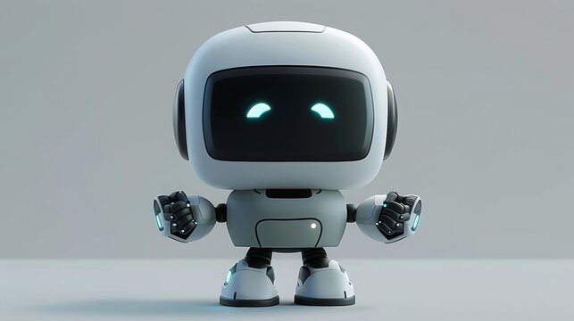 A little cute robot, white robot, eyes smile, big head, small body, lively movementsy, raised arms, spreading his hands to introduce, full-body shot