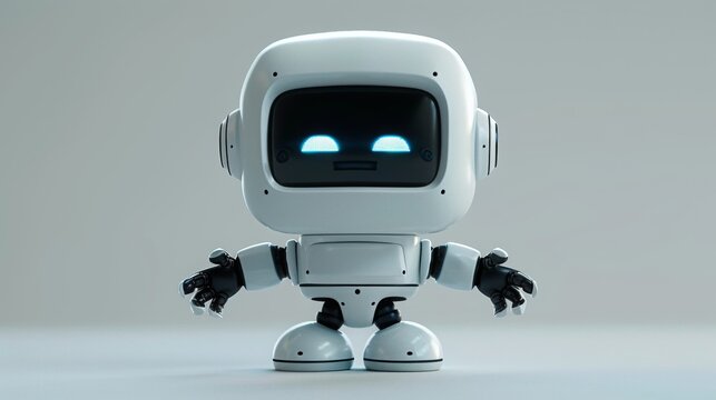 A little cute robot, white robot, eyes smile, big head, small body, lively movementsy, raised arms, spreading his hands to introduce, full-body shot