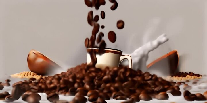 illustration. 3d falling Bean Coffee with Icon splash coffee Milk of Set