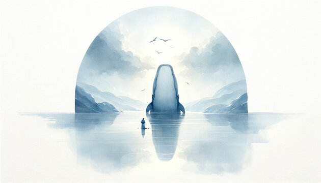 Jonah and the Whale. Illustration of a whale swimming close to the silhouette of a man in water. Digital watercolor painting.