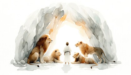 Daniel in the lions' den. Daniel and the Very Hungry Lions. Digital watercolor painting. - obrazy, fototapety, plakaty
