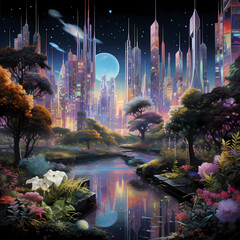 A cityscape with holographic trees and plants. 